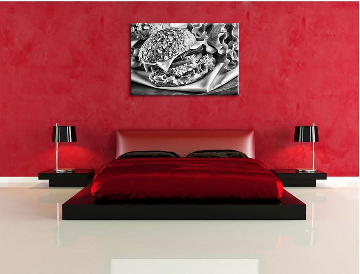 Pixxprint Monocrome, Köstlicher Hamburger als Leinwandbild/Grösse: 100x70 / Wandbild/Kunstdruck/fert