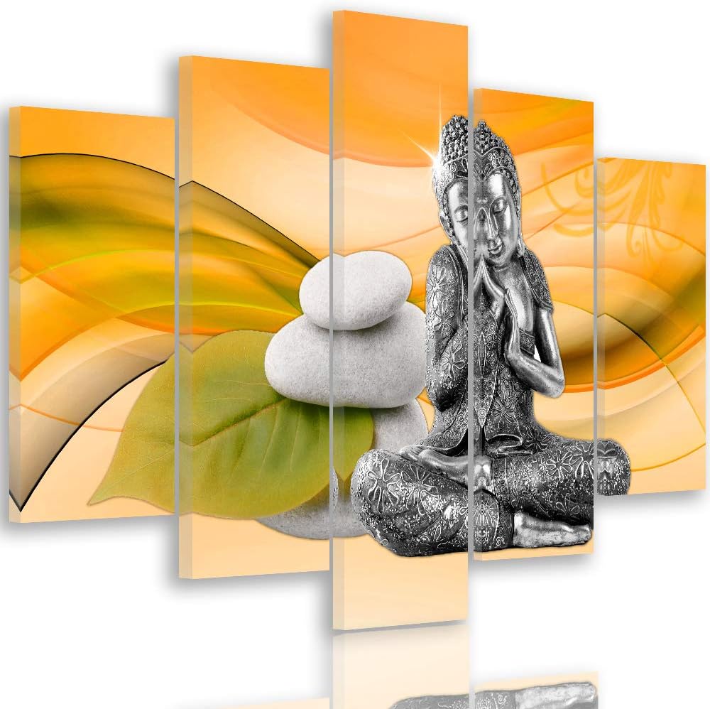 Feeby Wandbild XXL 5 Teilig Buddha Leinwandbild Zen Steine Blätter orange 300x140 cm Leinwandbild 30