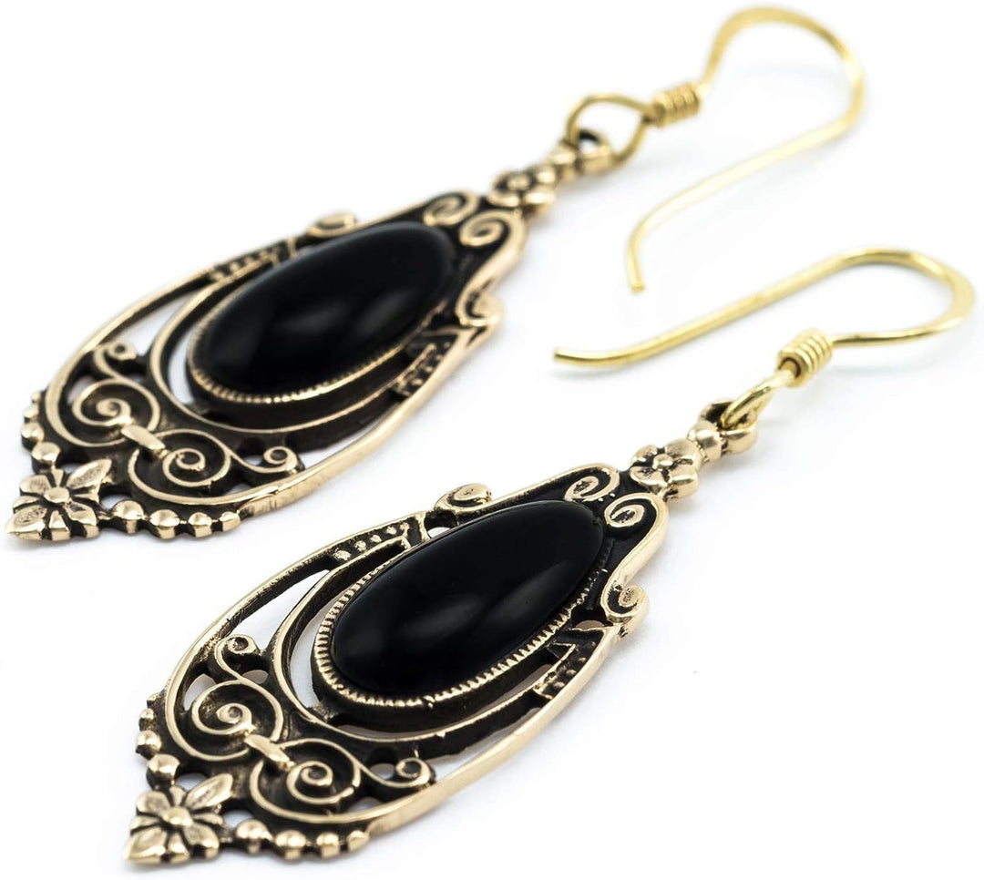 WINDALF Mittelalter-Ohrhänger TALINA h: 5 cm Onyx Edle Bronze