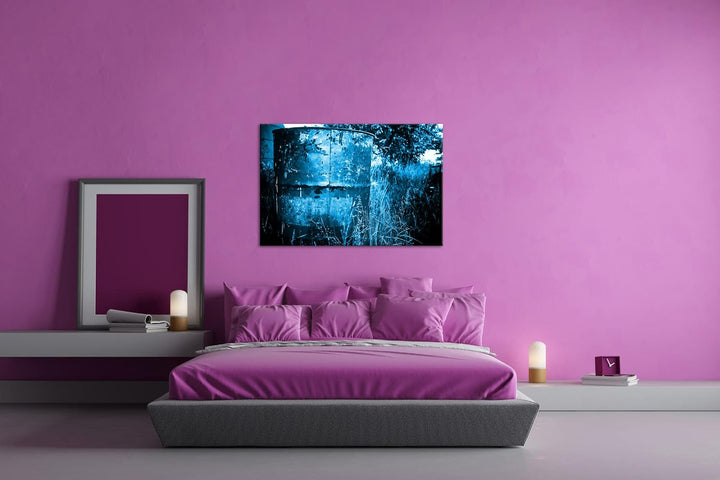 rostiger roter Container in der Natur Format 80x60 Effekt: Monocrome Blau als Leinwandbild, Motiv fe