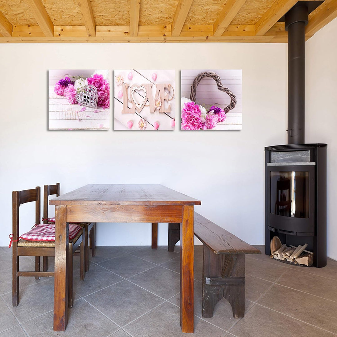 Feeby Bilder 3 Blumen Rosen Herz 150x50 cm Wohnzimmer Schlafzimmer Büro Flur Küche Wandbilder Modern