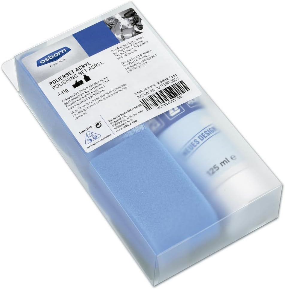 Osborn 1203600001 Polierset 4-teilig Profi Acryl, je 1 Stück, Tube Polieremulsion, Schleifpapier, Sc