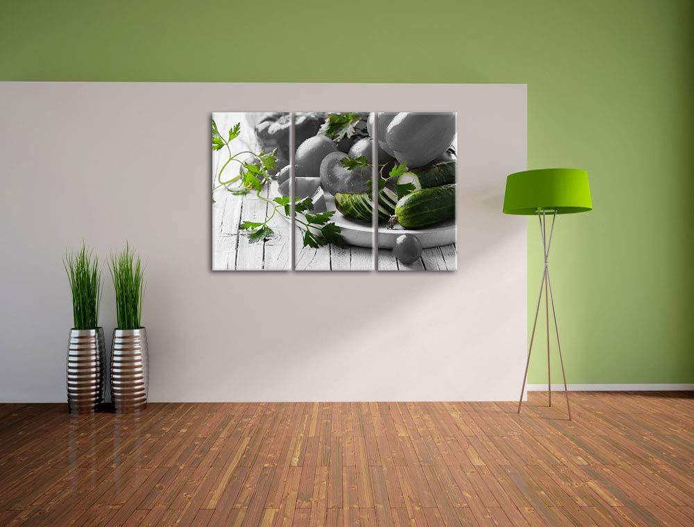 Gemüseteller mit Paprika, Tomate und Zucchini schwarz/weiss 3-Teiler Leinwandbild 120x80 Bild auf Le