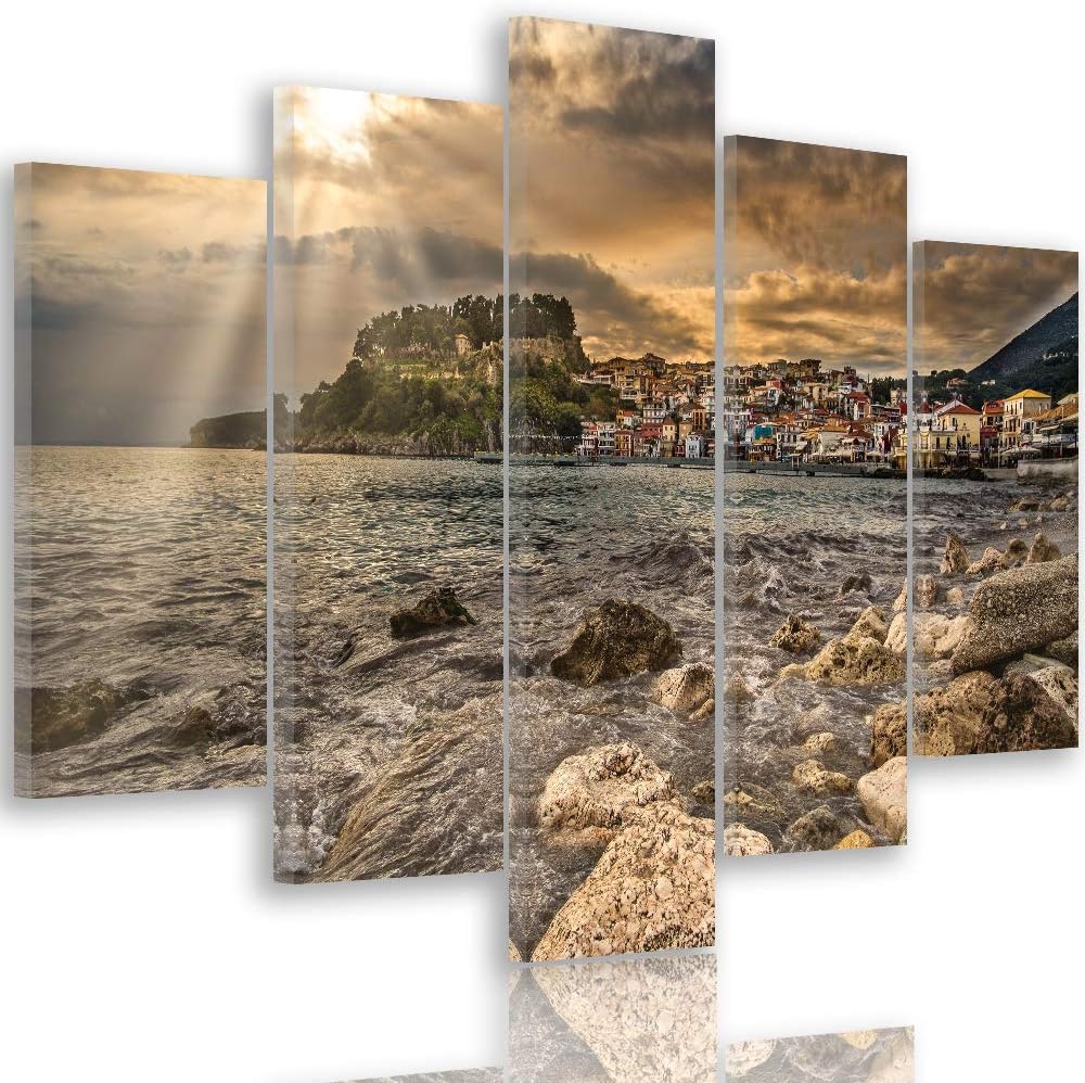 Feeby Leinwandbild 5 Teilig Landschaft Bild Wanddeko See Städtchen braun 150x100 cm Leinwandbild 150