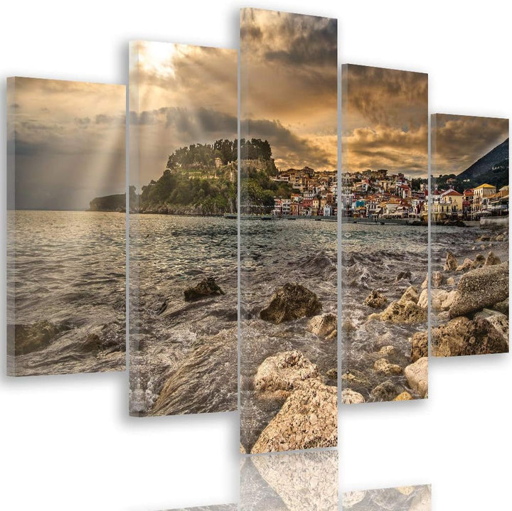 Feeby Leinwandbild Landschaft 5 TLG Bild Kunstdruck See Städtchen braun 250x120 cm Leinwandbild 250x