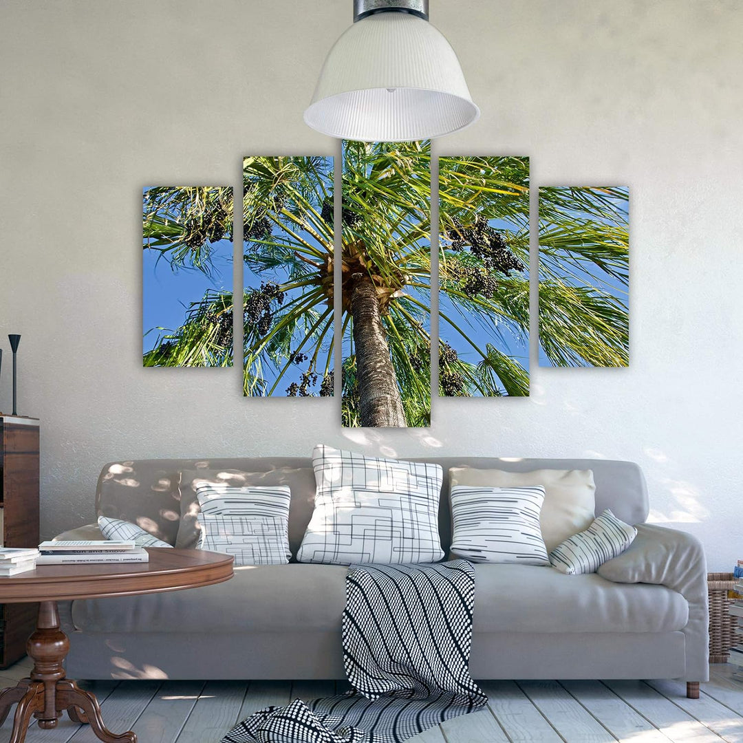 Feeby Leinwandbild 5 Teilig Palme Bild Wanddeko Natur Exotik Himmel blau grün 200x100 cm Leinwandbil