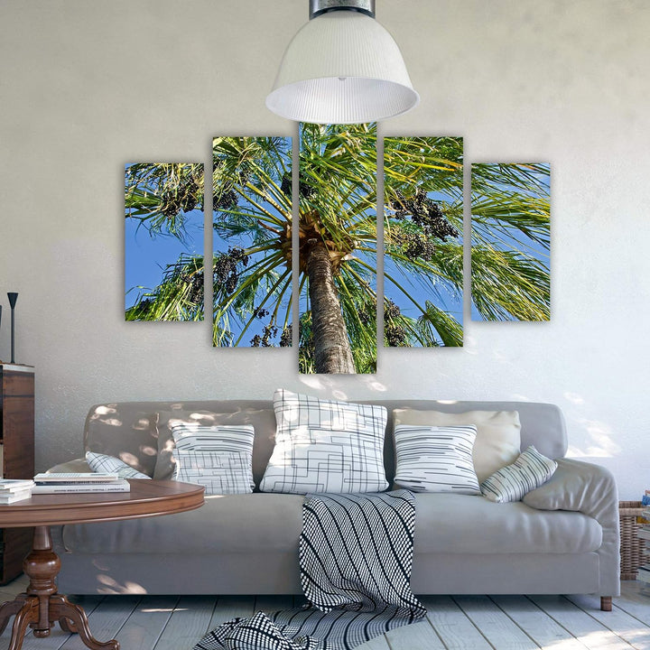 Feeby Leinwandbild 5 Teilig Palme Bild Wanddeko Natur Exotik Himmel blau grün 200x100 cm Leinwandbil