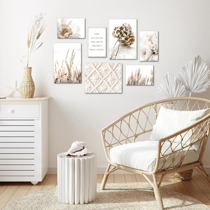 Novart Wandbilder Boho - KOMPLETT AUFHÄNGFERTIG - Beige Wohnzimmer Schlafzimmer- 7 Moderne Mood-Bild