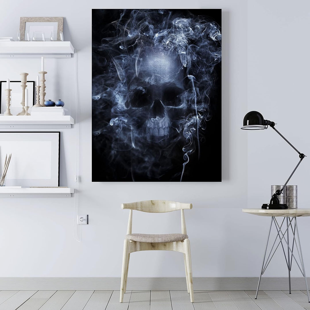 wandmotiv24 Totenkopf Wandbild aus Acrylglas, Grösse 60x45cm, Hochformat, Schädel im Rauch, Schwarz,