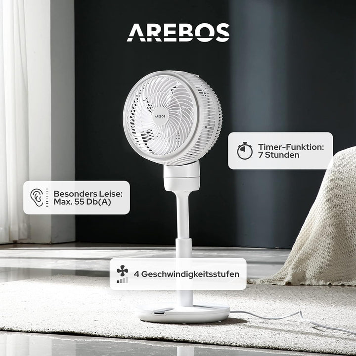 Arebos Ventilator 55W | 3D Oszillation | Ø 23cm | besonders Leise | höhenverstellbar, mit 4 Leistung