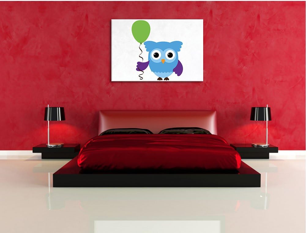 Eule mit Ballon weiss, Format: 100x70 auf Leinwand, XXL riesige Bilder fertig gerahmt mit Keilrahmen
