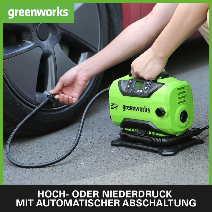 Greenworks G24IN Akku Luftpumpe, 11 Bar, Nieder- oder Hochdruck, automatische Abschaltung mit 3 Adap