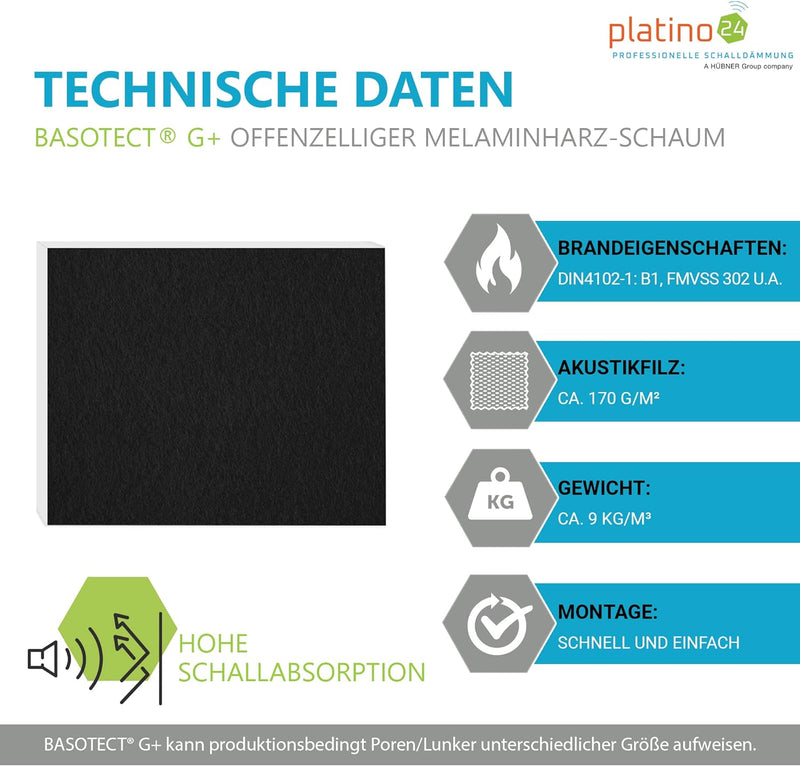 platino24 Schallabsorber Set aus Basotect G+ mit Akustikfilz, 4 Absorberelemente Rechteck je 825x550