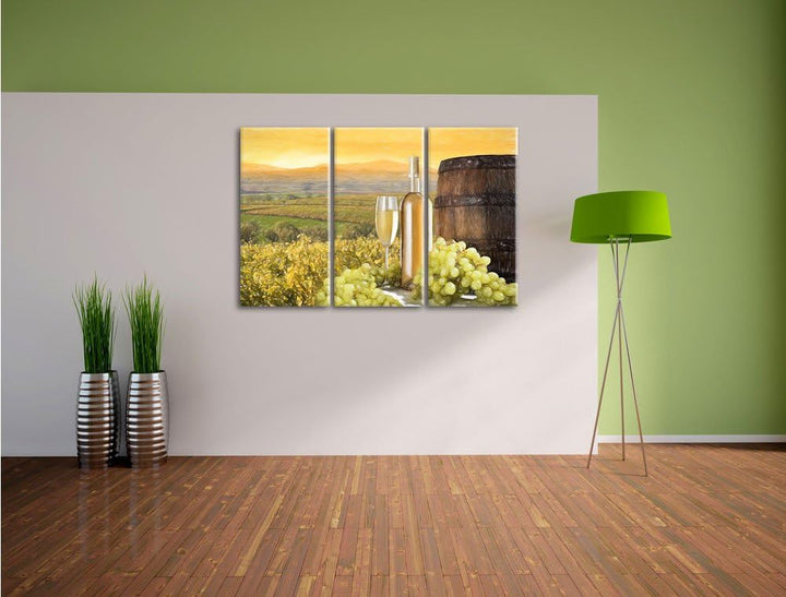 Pixxprint Weinreben mit Weinflasche und Fass als Leinwandbild/Grösse: 3 Teilig (120x80) cm/Wandbild/