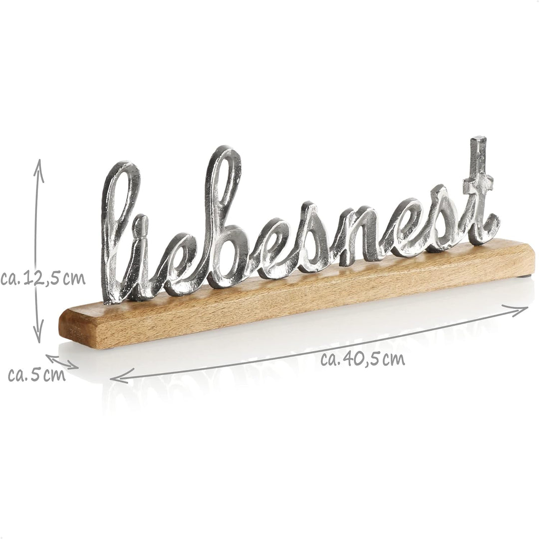 com-four® Deko Aufsteller liebesnest - Schriftzug aus Metall im Kreis aus Mangoholz - Deko-Schriftzu