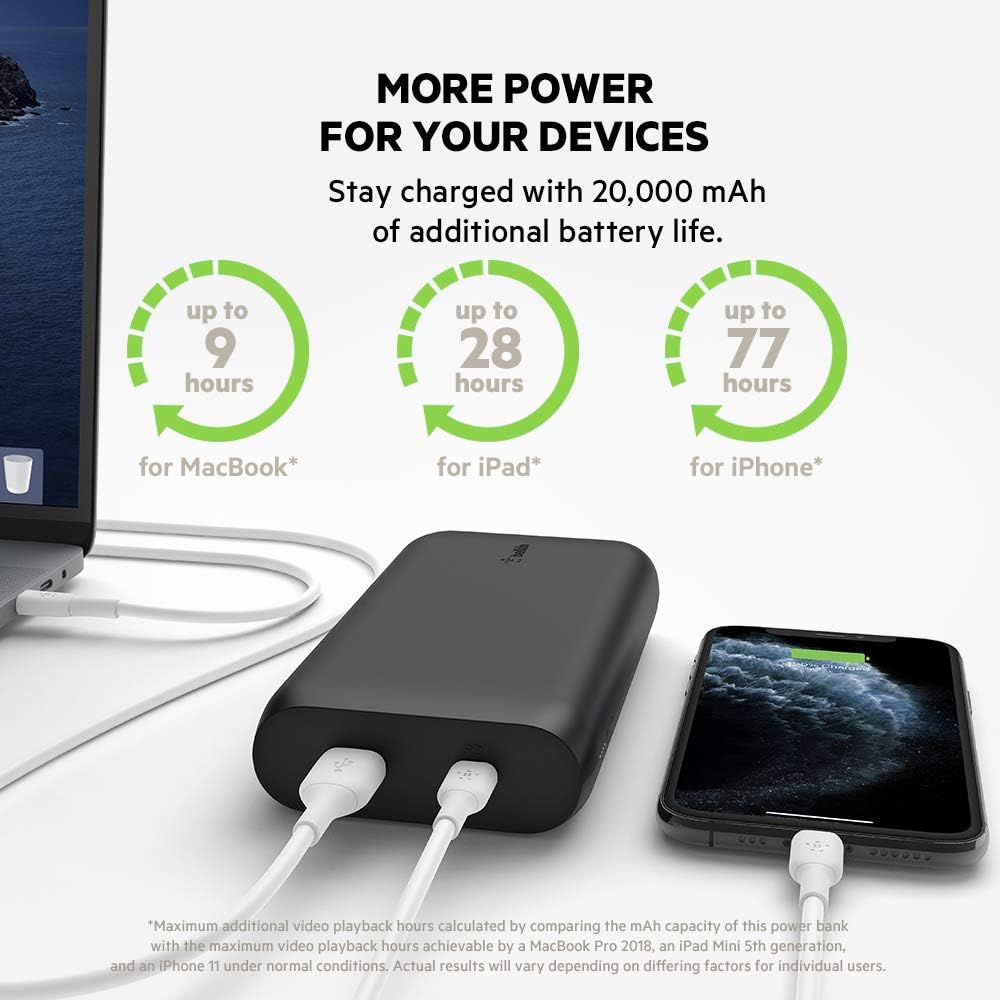 Belkin 20000mAh Powerbank zum Schnellladen, USB-C Power Delivery Power Bank, tragbares Ladegerät mit