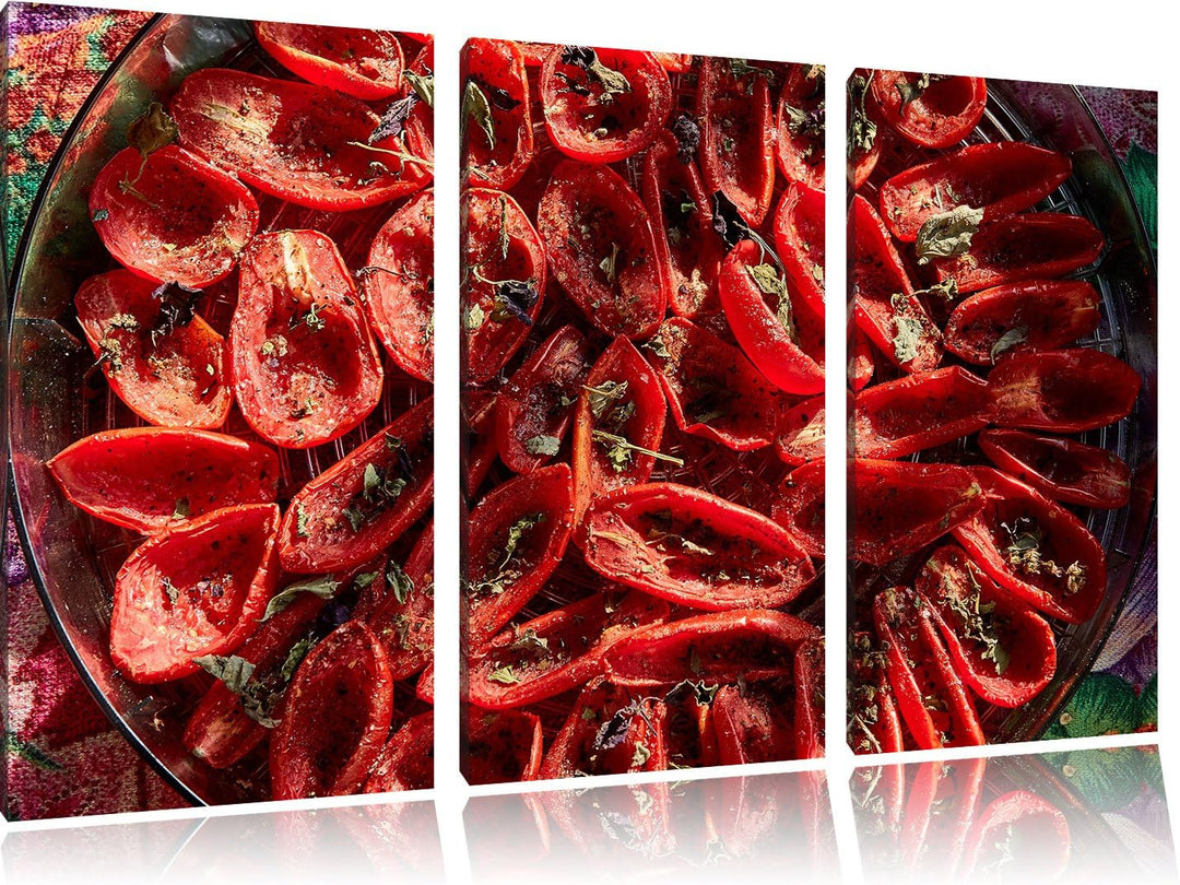 Pixxprint Tomaten Olivenöl Kräuter / 3-Teilig/Gesamtmass 120cm Leinwandbild bespannt auf Holzrahmen/
