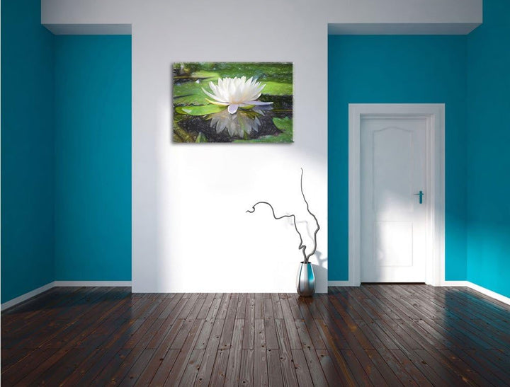 Pixxprint Weisse Lotusblume im Wasser / 100x70cm Leinwandbild bespannt auf Holzrahmen/Wandbild Kunst