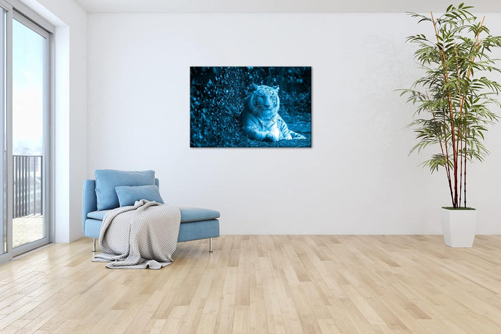 deyoli anmutiger weisser Tiger Format 80x60 Effekt: Monocrome Blau als Leinwandbild, Motiv fertig ge
