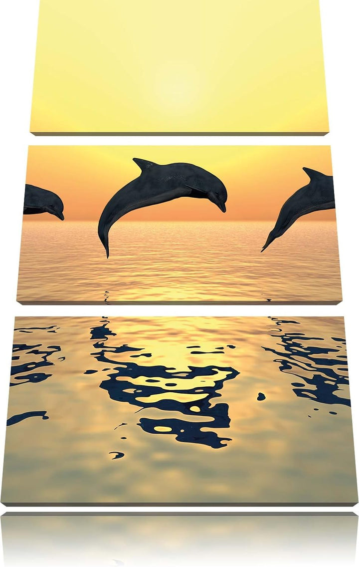 Pixxprint springende Delfine im Sonnenuntergang 3-Teiler Leinwandbild 120x80 Bild auf Leinwand