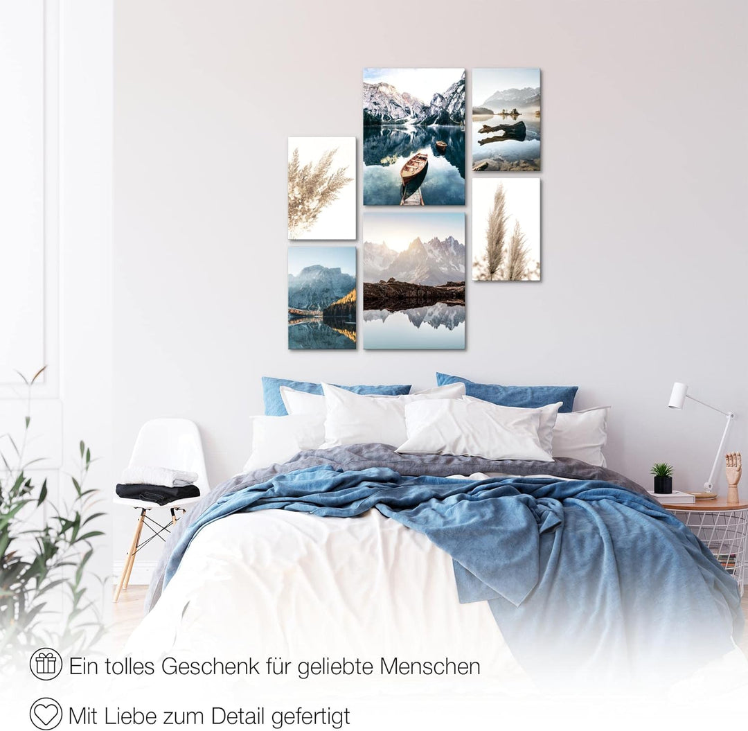 Novart Bilder Set - AUFHÄNGFERTIG - KEIN EXTRA RAHMEN BENÖTIGT - See Berge Modern Natur - Wohnzimmer