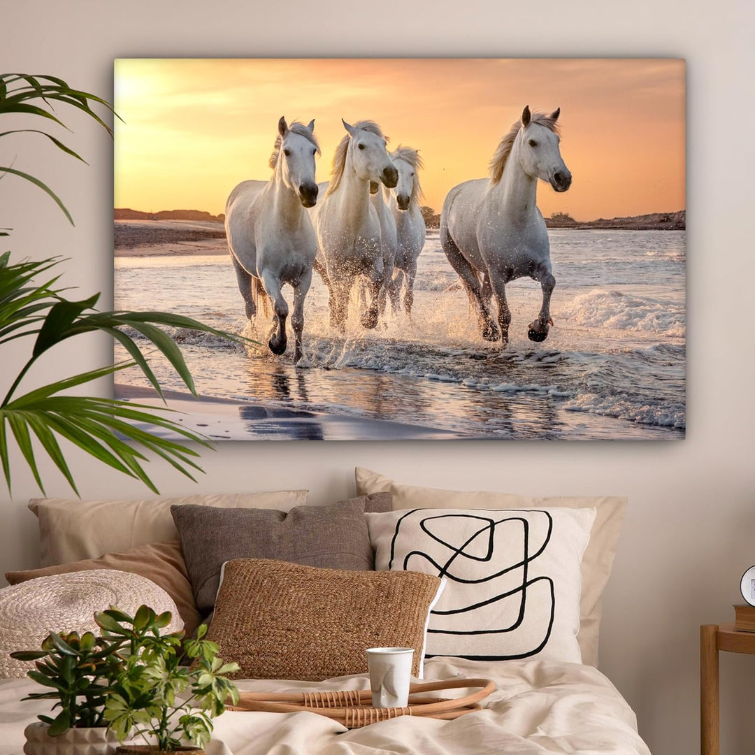 MuchoWow Leinwand Bilder, Einzigartige Wanddeko mit Rahmen, Pferde - Sonne - Meer - Strand - Tiere,