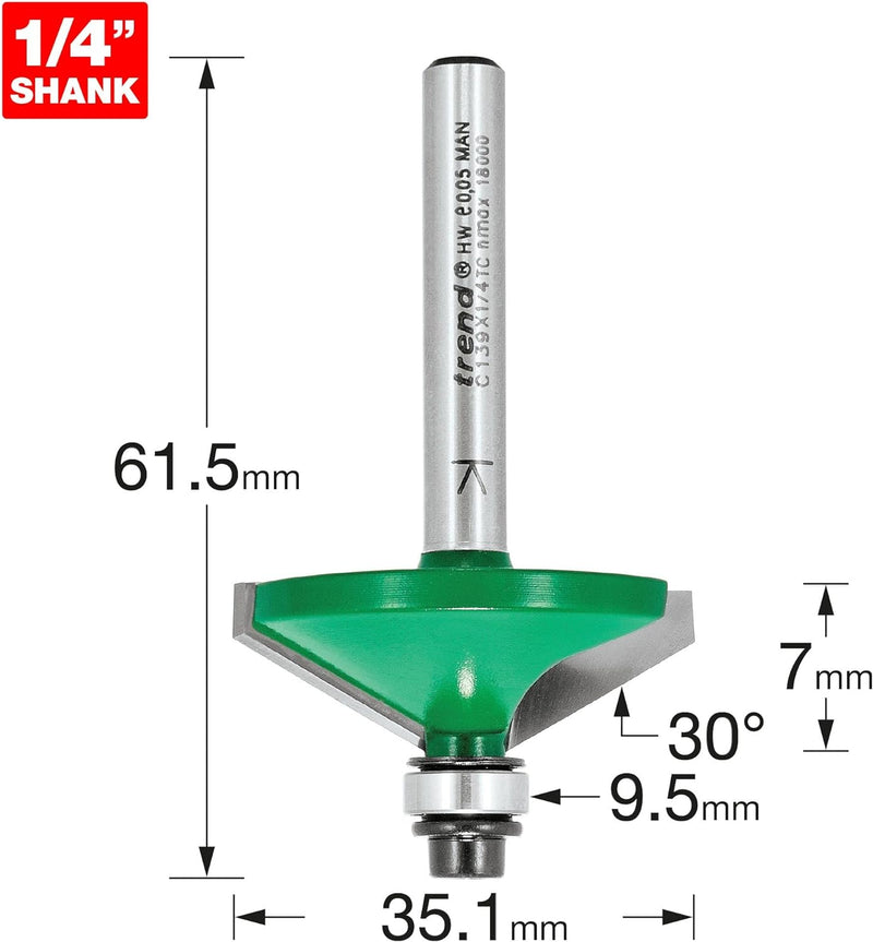 Trend CraftPro C139X1/4TC Fasenfräser-Bit, 1/4-Zoll-Schaft, 35,1 mm Schnittdurchmesser und 30 Grad V