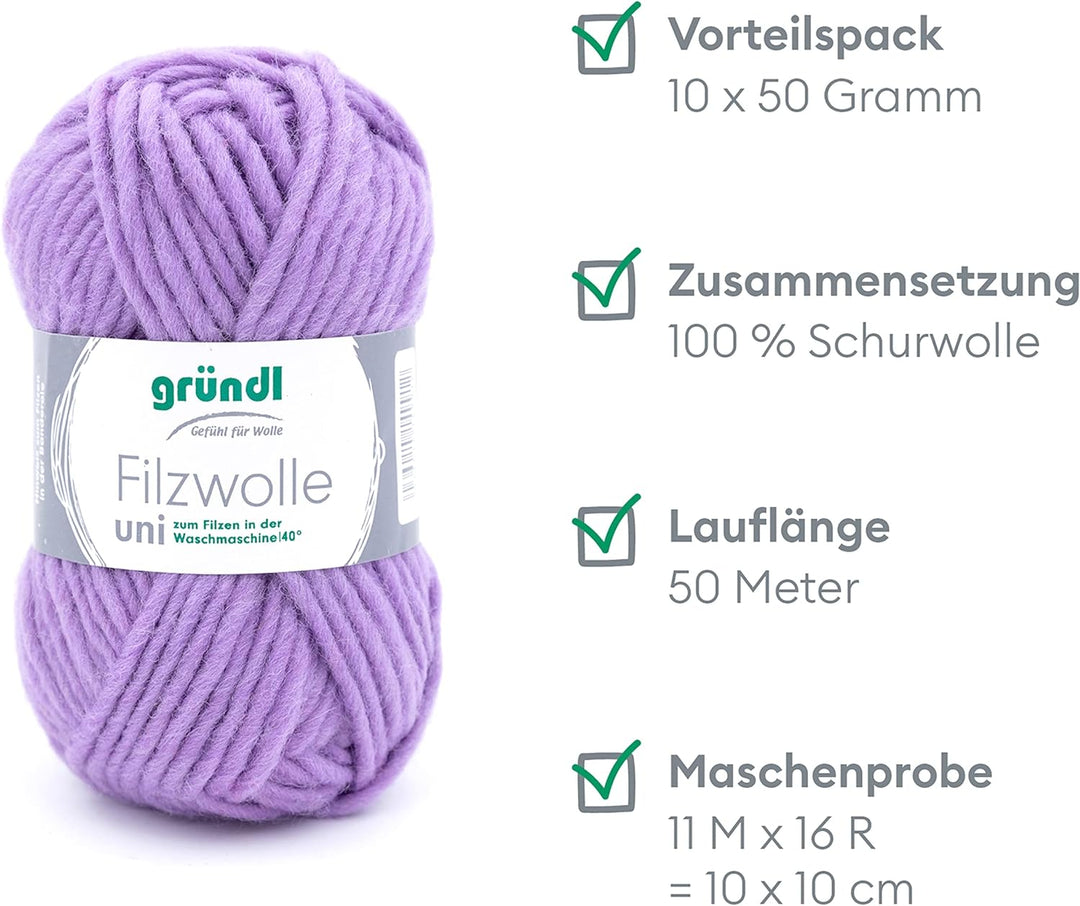 Gründl Filzwolle uni (Wolle zum Filzen, Stricken und Häkeln, Garn aus 100 % Schurwolle, 50 g / 50 m,