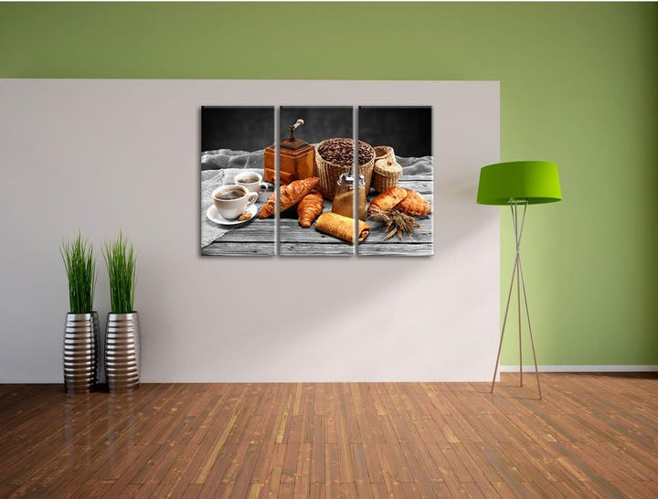 Pixxprint Aromatischer Kaffee mit Croissant Schwarz/Weiss 3-Teiler Leinwandbild 120x80 Bild auf Lein