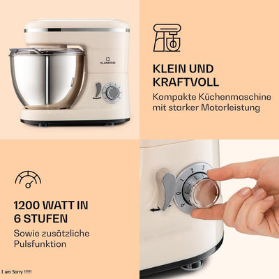 Klarstein Bella Küchenmaschine - Knetmaschine mit 6 Geschwindigkeitsstufen, Rührmaschne aus Edelstah