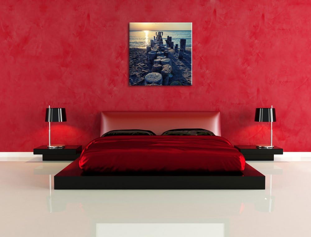 Baumstümpfe am Meer, Format: 70x70 auf Leinwand, XXL riesige Bilder fertig gerahmt mit Keilrahmen, K