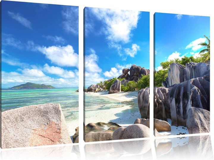 Pixxprint Seychellen Strand als Leinwandbild | Grösse: 3 Teilig (120x80) | Wandbild| Kunstdruck | fe