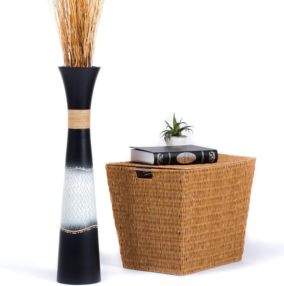 Leewadee Grosse Bodenvase für Dekozweige hohe Standvase Design Holzvase, Holz, 70 cm, Schwarz Weiss
