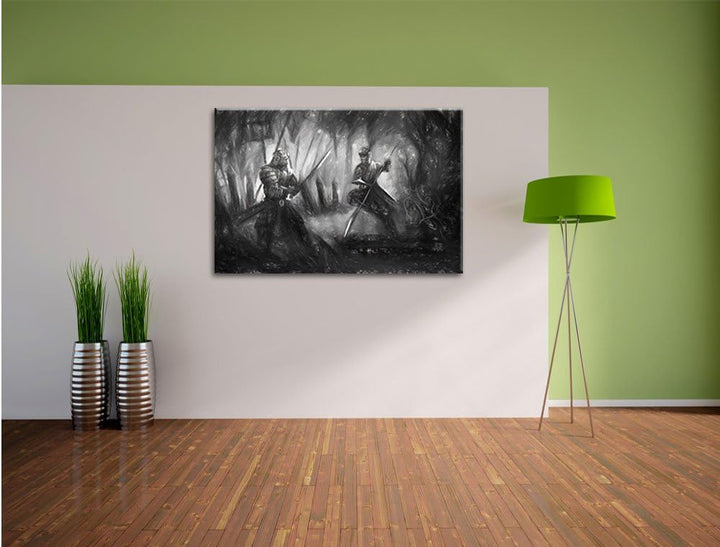 Pixxprint Kampf zwischen Samurai und Ninja als Leinwandbild/Grösse: 100x70 / Wandbild/Kunstdruck/fer