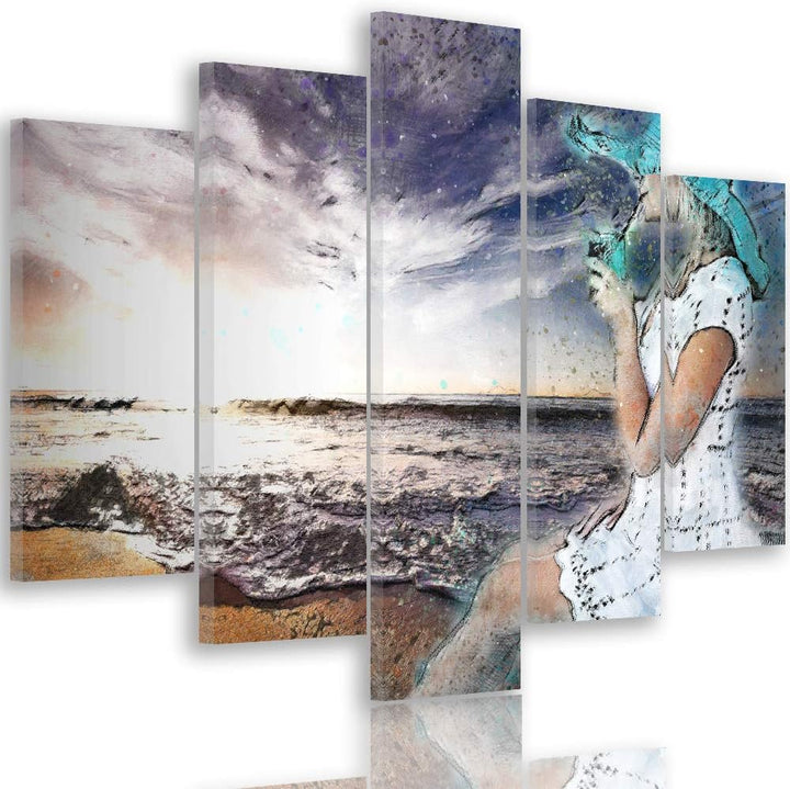 Wanddeko XXL Abstraktion Leinwandbild 5 Teilig Frau Strand See blau 100x70 cm Leinwandbild 100x70 cm