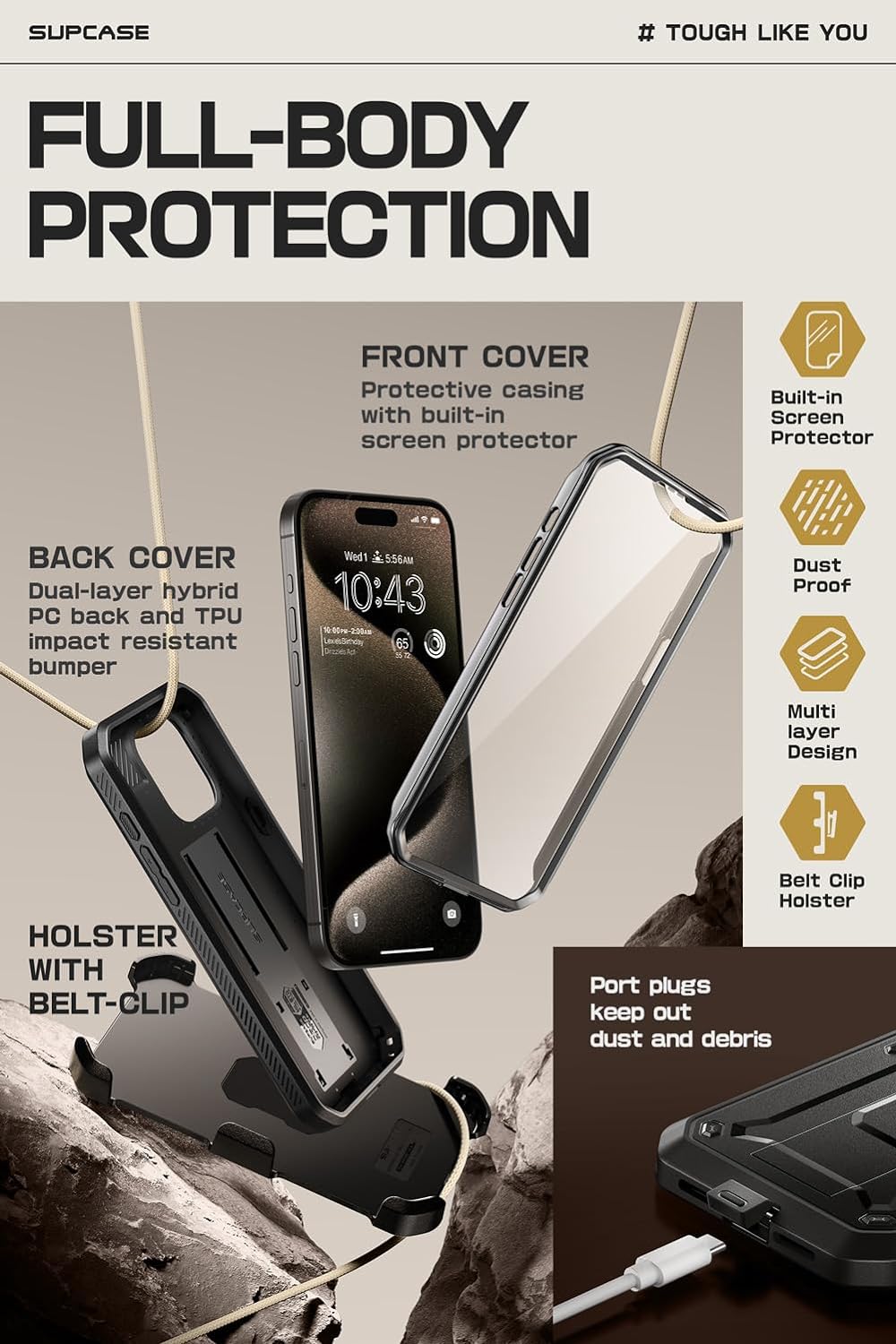 SupCase Outdoor Hülle für iPhone 15 Pro Max (6.7") Handyhülle 360 Grad Case Bumper Schutzhülle Cover