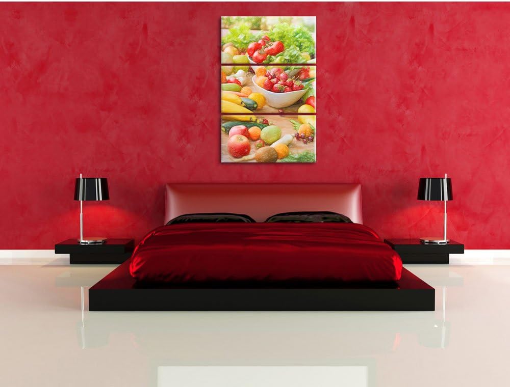 Pixxprint Buntes Obst und Gemüse Bunstift Effekt 3-Teiler Leinwandbild 120x80 Bild auf Leinwand