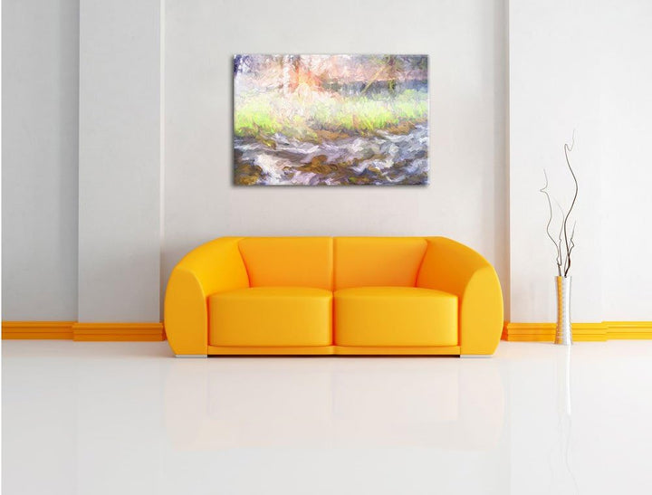 Pixxprint Nebeldickicht im Wald Kunst Pinsel Effekt, Format: 100x70 auf Leinwand, 100x70