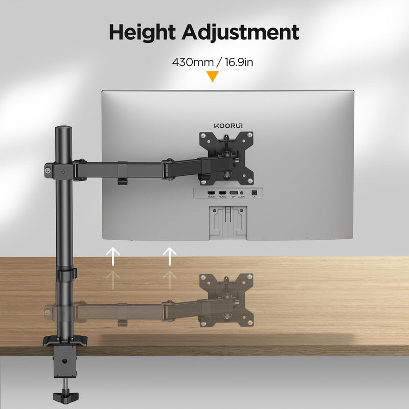 KOORUI Single Arm Monitor Halterung für 13-27 Zoll Flach & Curved Bildschirm, Höhenverstellbar Drehu