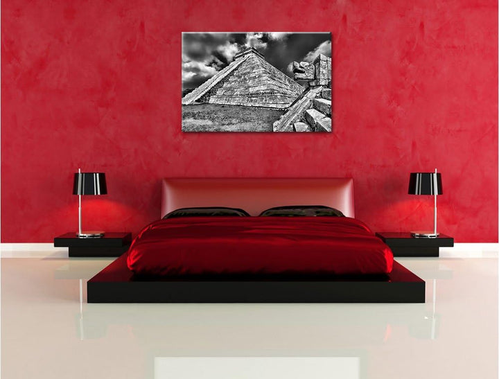 Pixxprint Monocrome, Schöner Maya Tempel in Mexiko, Format: 100x70 auf Leinwand, 100x70