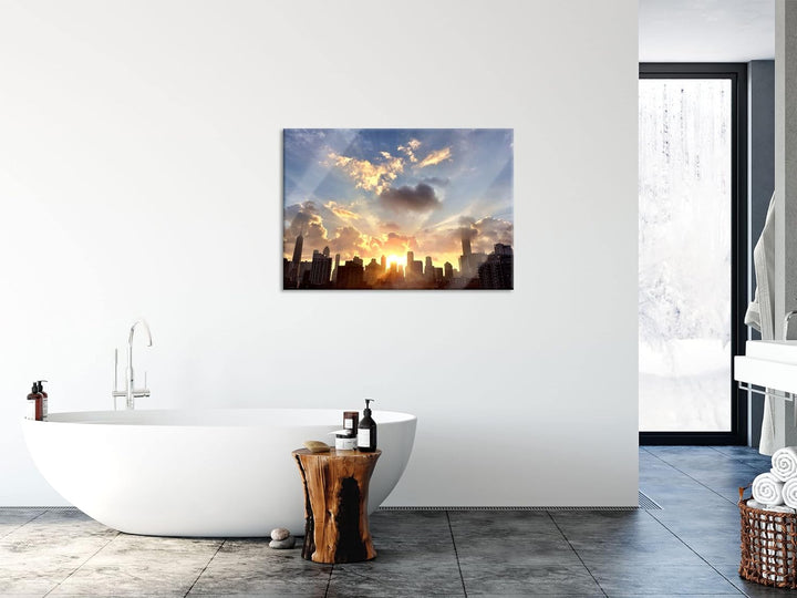 Pixxprint Glasbild | Wandbild aus Echtglas | Chicago Skyline im Sonnenaufgang | 100x70 cm | inkl. Au