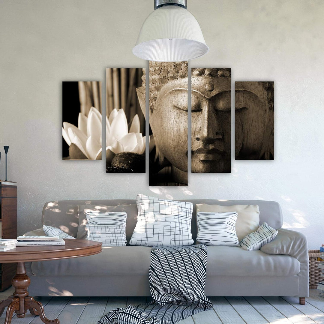 Feeby Wanddeko XXL Buddha Leinwandbild 5 Teilig Blume Lilie Skulptur Zen Sepia 100x70 cm Leinwandbil
