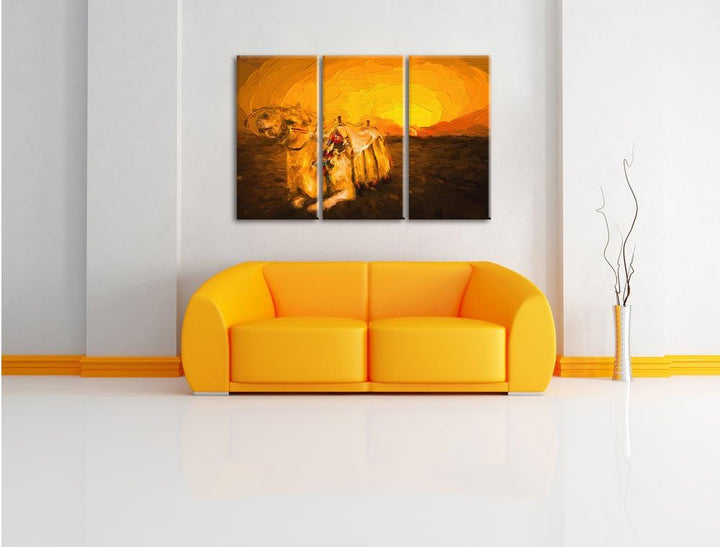 Pixxprint Kamel bei Sonnenuntergang in Ägypten Kunst Pinsel Effekt 3-Teiler Leinwandbild 120x80 Bild