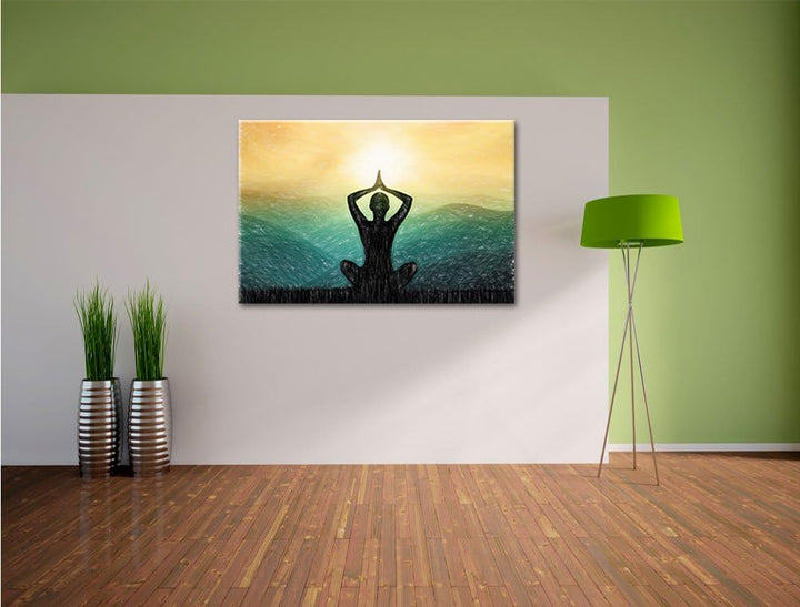 Pixxprint Yoga und Meditation in den Bergen Kunst Buntstift Effekt, Format: 100x70 auf Leinwand, 100