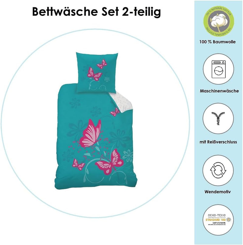 CTI - Bettwäsche Set Schmetterlinge 135x200 cm 80x80 cm Baumwolle türkis rosa Linon Wendebettwäsche