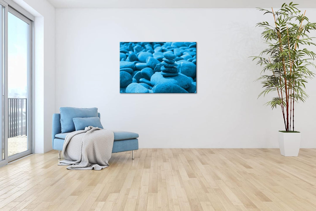 deyoli bunte Meditations Steine Format 80x60 Effekt: Monocrome Blau als Leinwandbild, Motiv fertig g