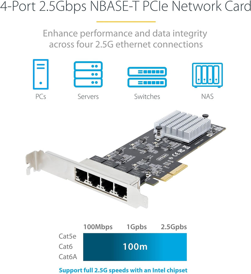 StarTech.com 4-Port 2.5 Gbit PCIe Netzwerkkarte, Intel I225-V, Dual-Port Computer LAN Karte, Multi-G