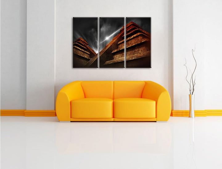 Pixxprint Majatempel bei Gewitter Schwarz/Weiss 3-Teiler Leinwandbild 120x80 Bild auf Leinwand