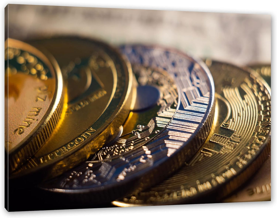 Pixxprint goldene Bitcoins BTC als Leinwandbild | Grösse: 120x80 cm | Wandbild | Kunstdruck | fertig