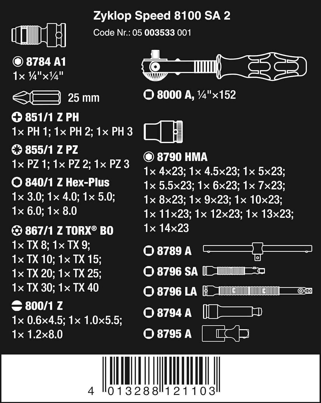 Wera 7440/41/42 Kraftform Drehmomentschraubendreher-Satz, 27-teilig, 05074739001 & 8100 SA 2 Zyklop